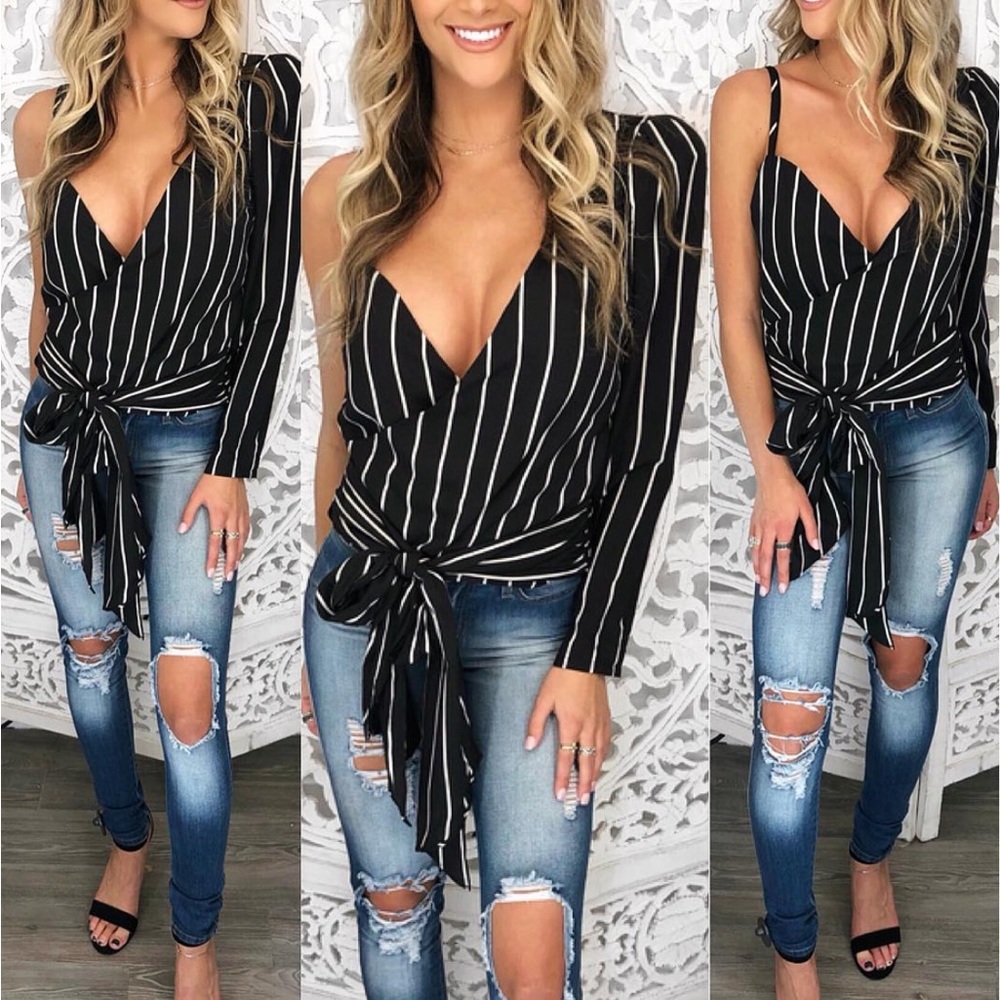 Black and White Striped One Sleeve Top